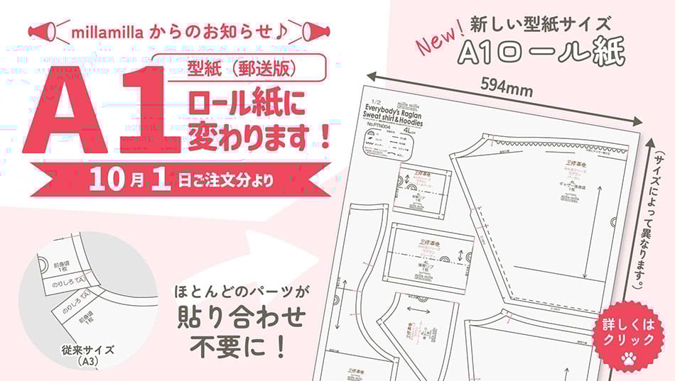 10月1日ご注文分より、型紙（郵送版）の用紙がＡ1ロール紙になります